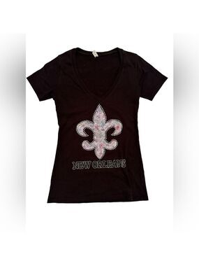 New Orleans Black Tee Shirt Womens Small Embellished Metallic Fluer-de-lis